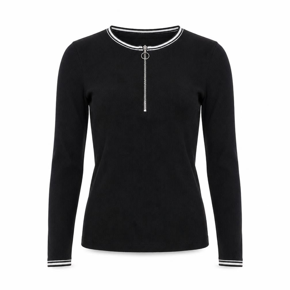 Front view of DENIMLAB women’s black long sleeve zip neck basic top, size S