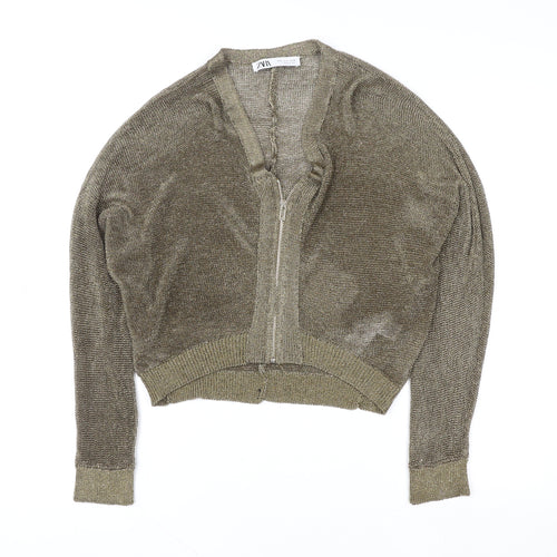 Zara Women Gold Cropped Zip Knit Cardigan Top Size S
