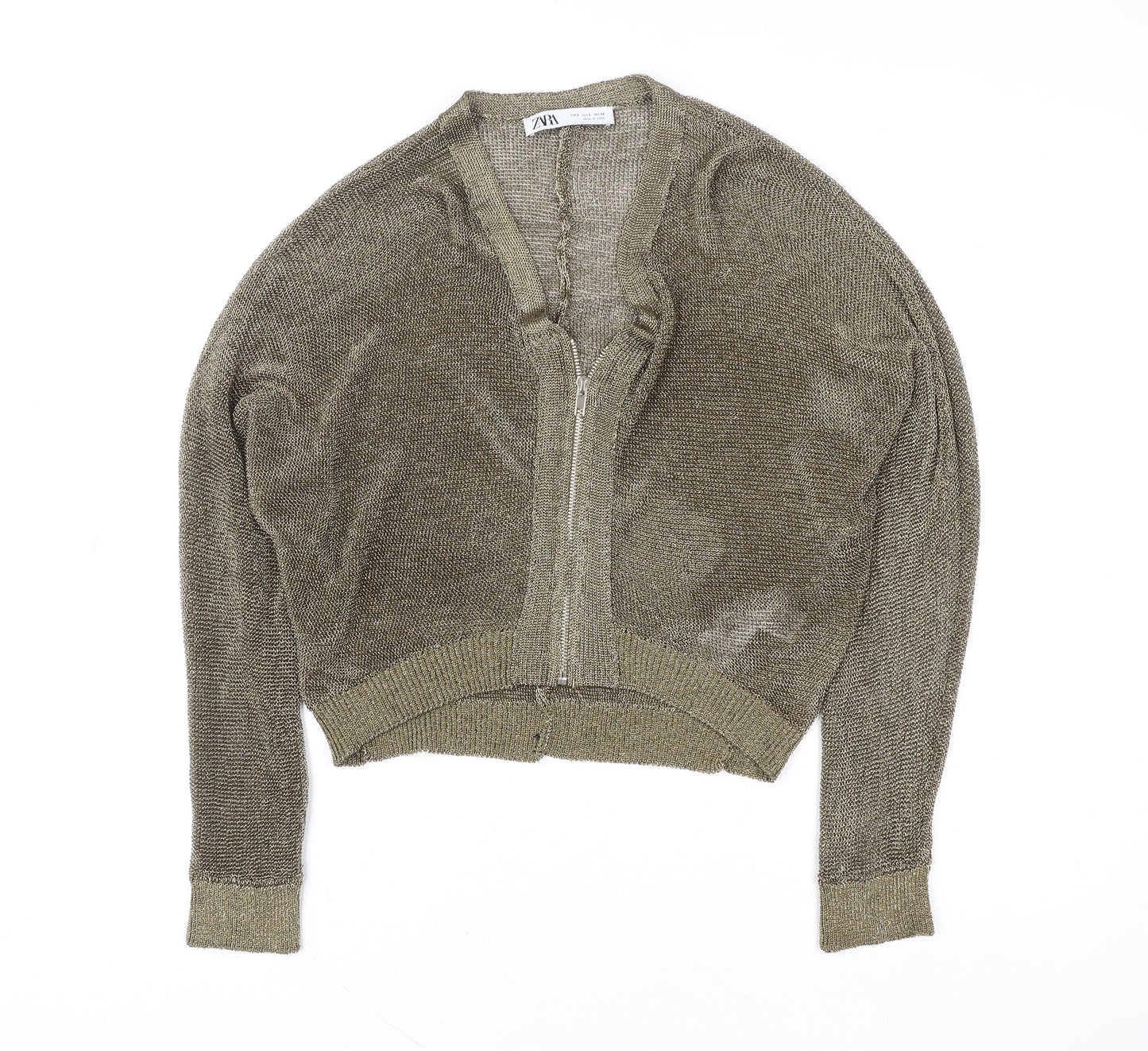Zara Women Gold Cropped Zip Knit Cardigan Top Size S