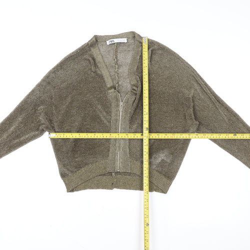 Zara Women Gold Cropped Zip Knit Cardigan Top Size S