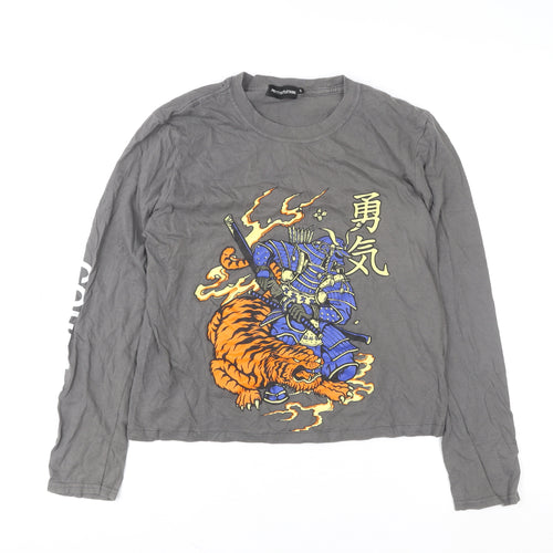 PrettyLittleThing Women's Grey Samurai Print Long Sleeve T-Shirt Size S