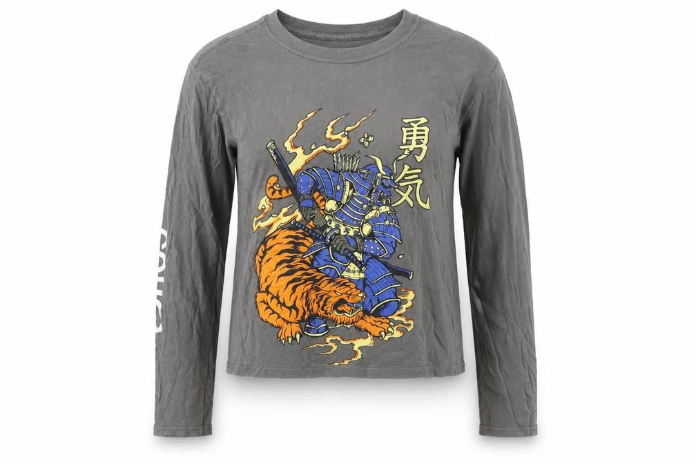 Front view of PRETTYLITTLETHING Women's Grey Samurai Print Long Sleeve T-Shirt, size S