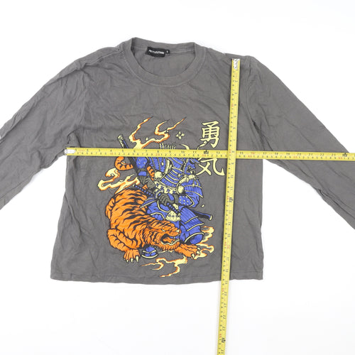 PrettyLittleThing Women's Grey Samurai Print Long Sleeve T-Shirt Size S