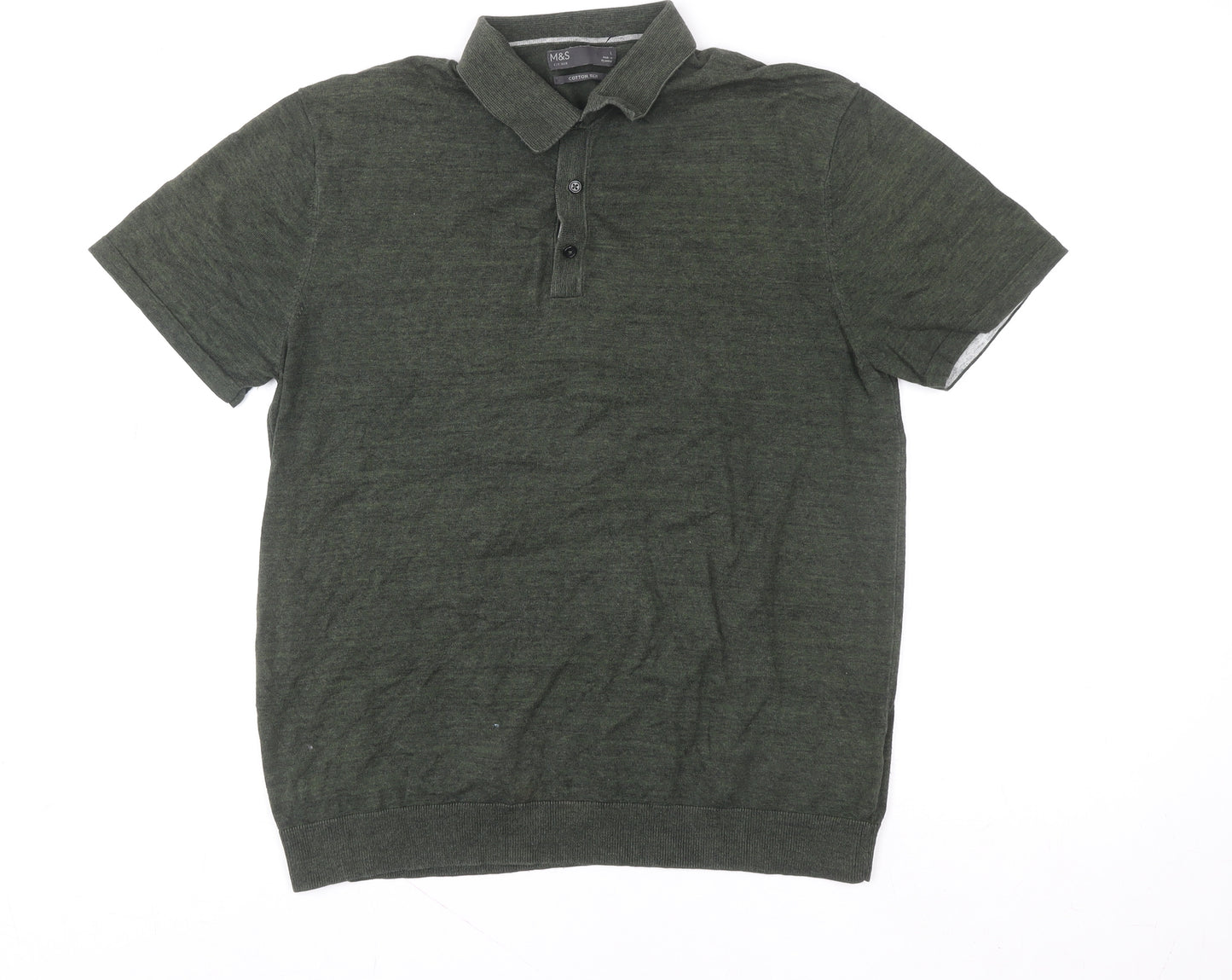 Marks and Spencer Men's Green Cotton Rich Short Sleeve Polo L