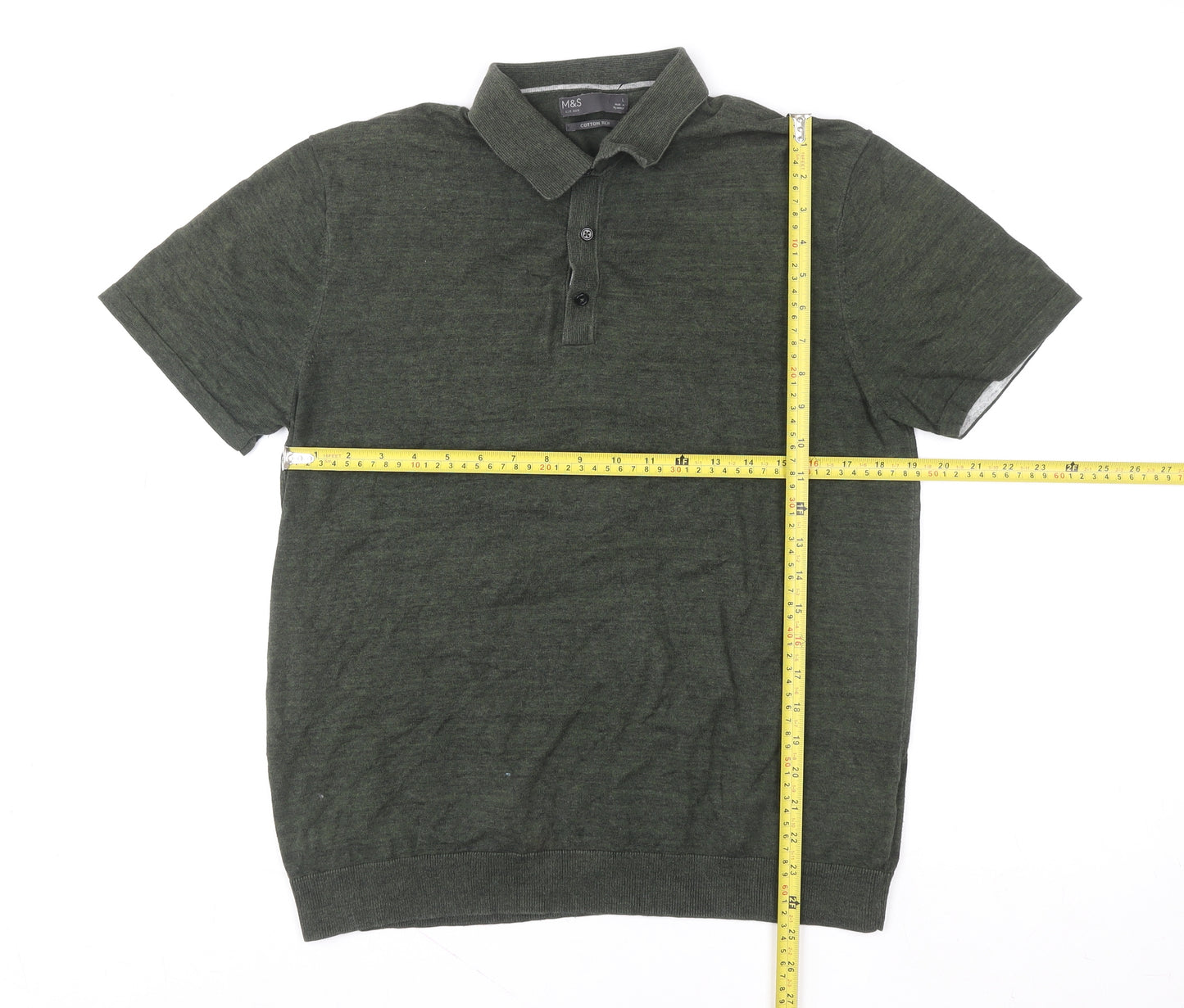 Marks and Spencer Men's Green Cotton Rich Short Sleeve Polo L