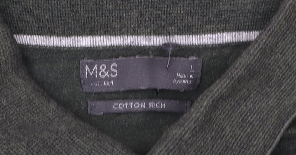Marks and Spencer Men's Green Cotton Rich Short Sleeve Polo L