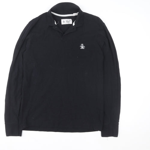 Original Penguin Men's Black Long Sleeve Cotton Polo Shirt Size L