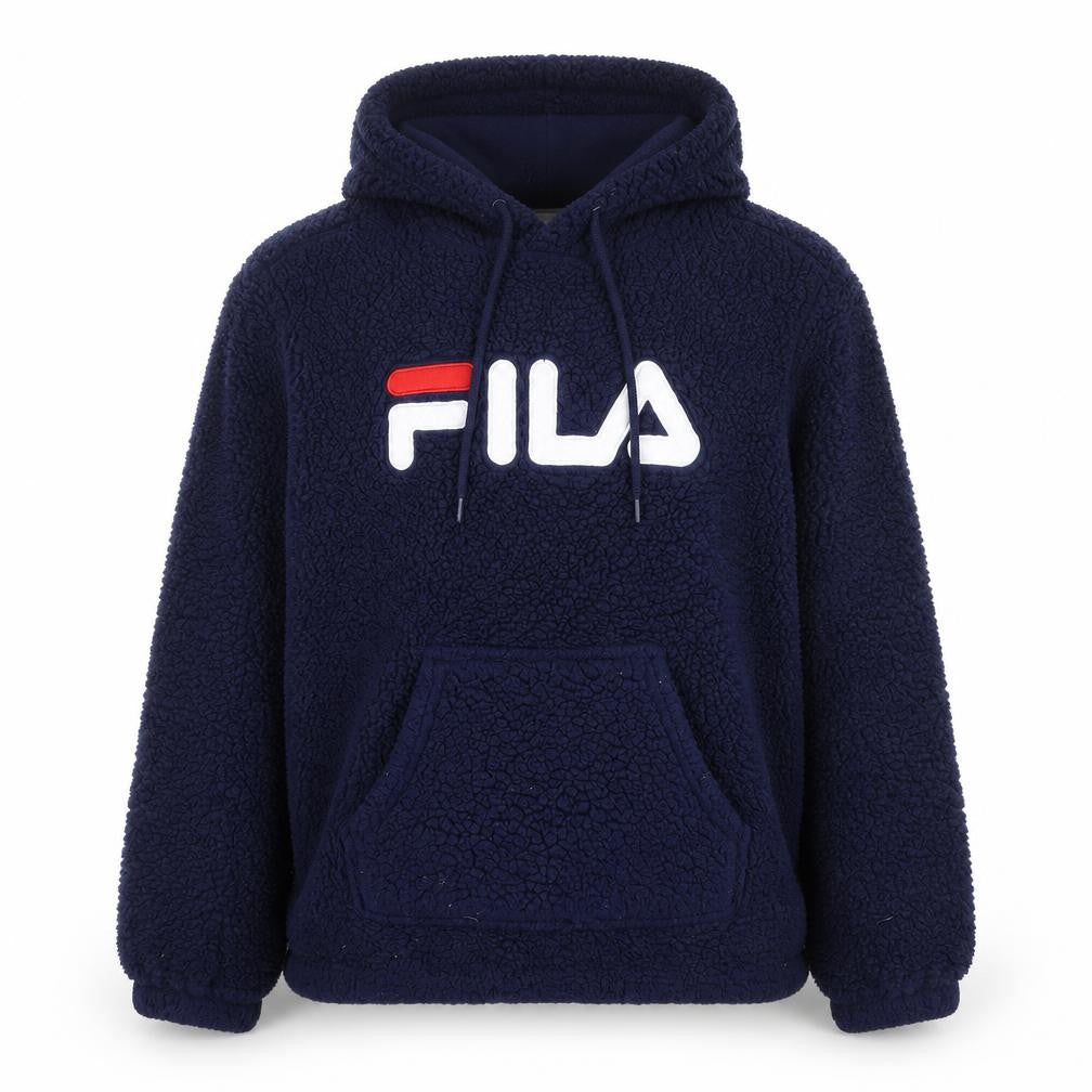 Front view of Fila women’s navy blue hooded pullover fleece sweatshirt, size L