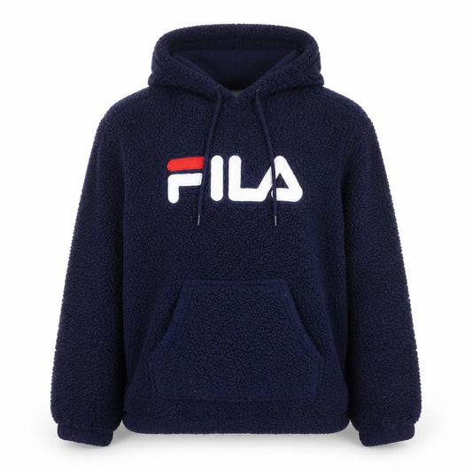 Front view of Fila women’s navy blue hooded pullover fleece sweatshirt, size L