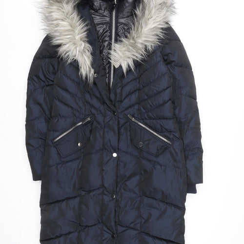 Next Women Navy Faux Fur Hooded Puffer Jacket Size 6 Water Resistant