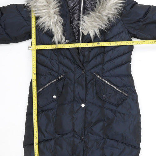 Next Women Navy Faux Fur Hooded Puffer Jacket Size 6 Water Resistant