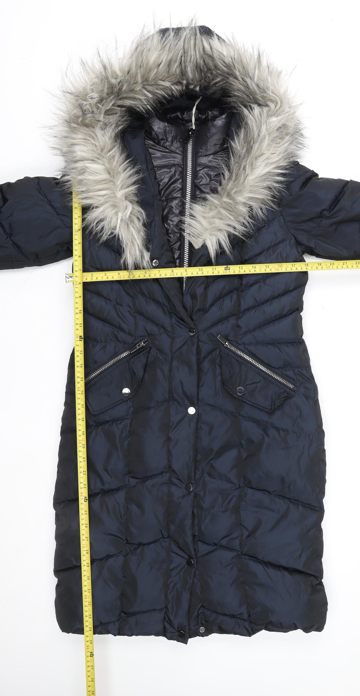 Next Women Navy Faux Fur Hooded Puffer Jacket Size 6 Water Resistant