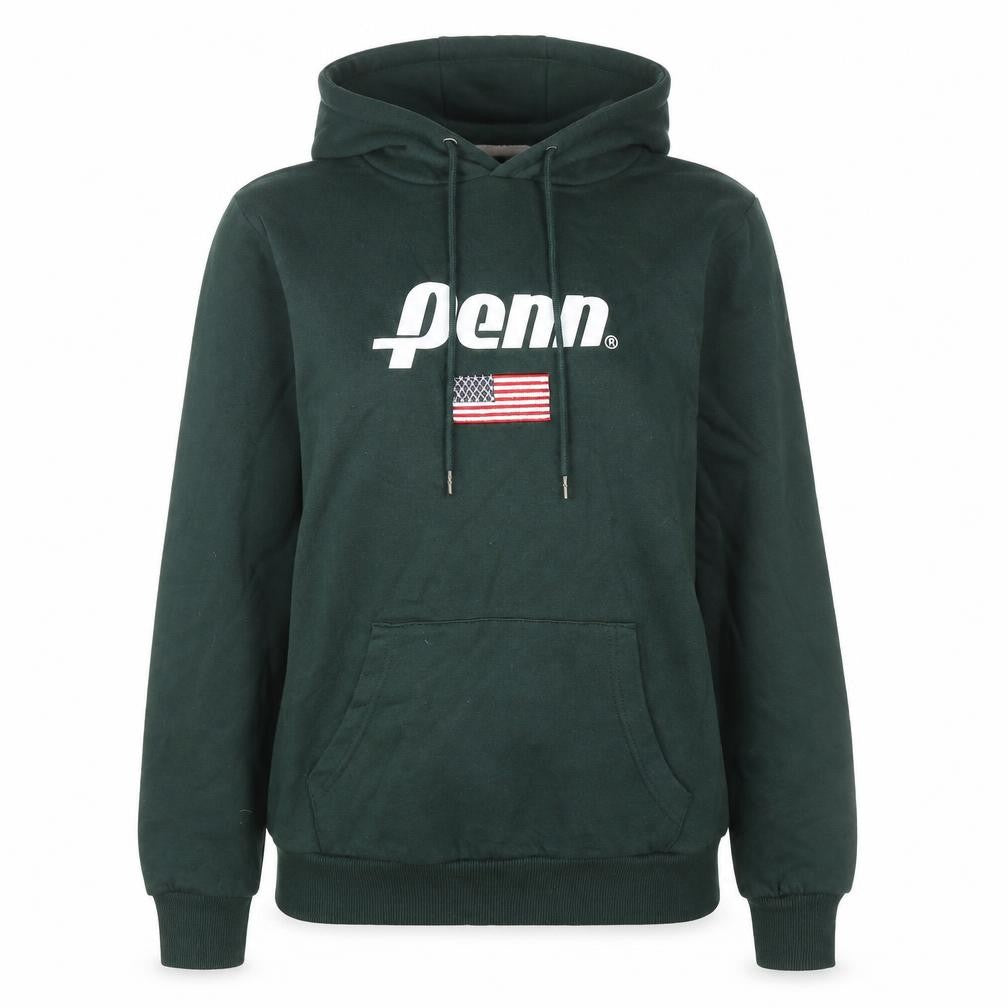 Front view of Primark Penn x Primark women’s green pullover hoodie, size M, usa flag graphic