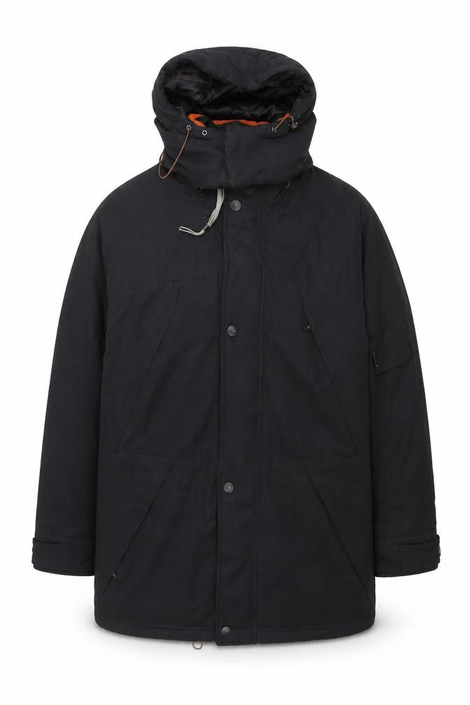 Front view of Bush Men's Black Hooded Parka Jacket, size 38, Regular Winter Coat
