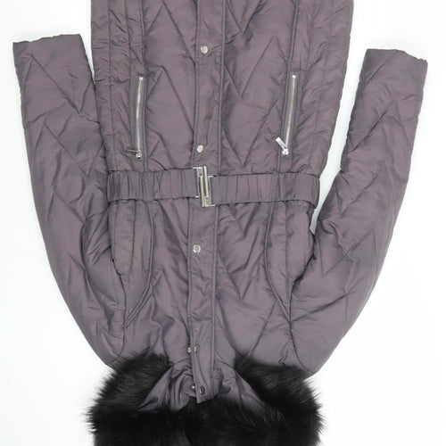 Dorothy Perkins Womens Grey Quilted Puffer Coat Size 8 Belted Hooded Winter Jacket