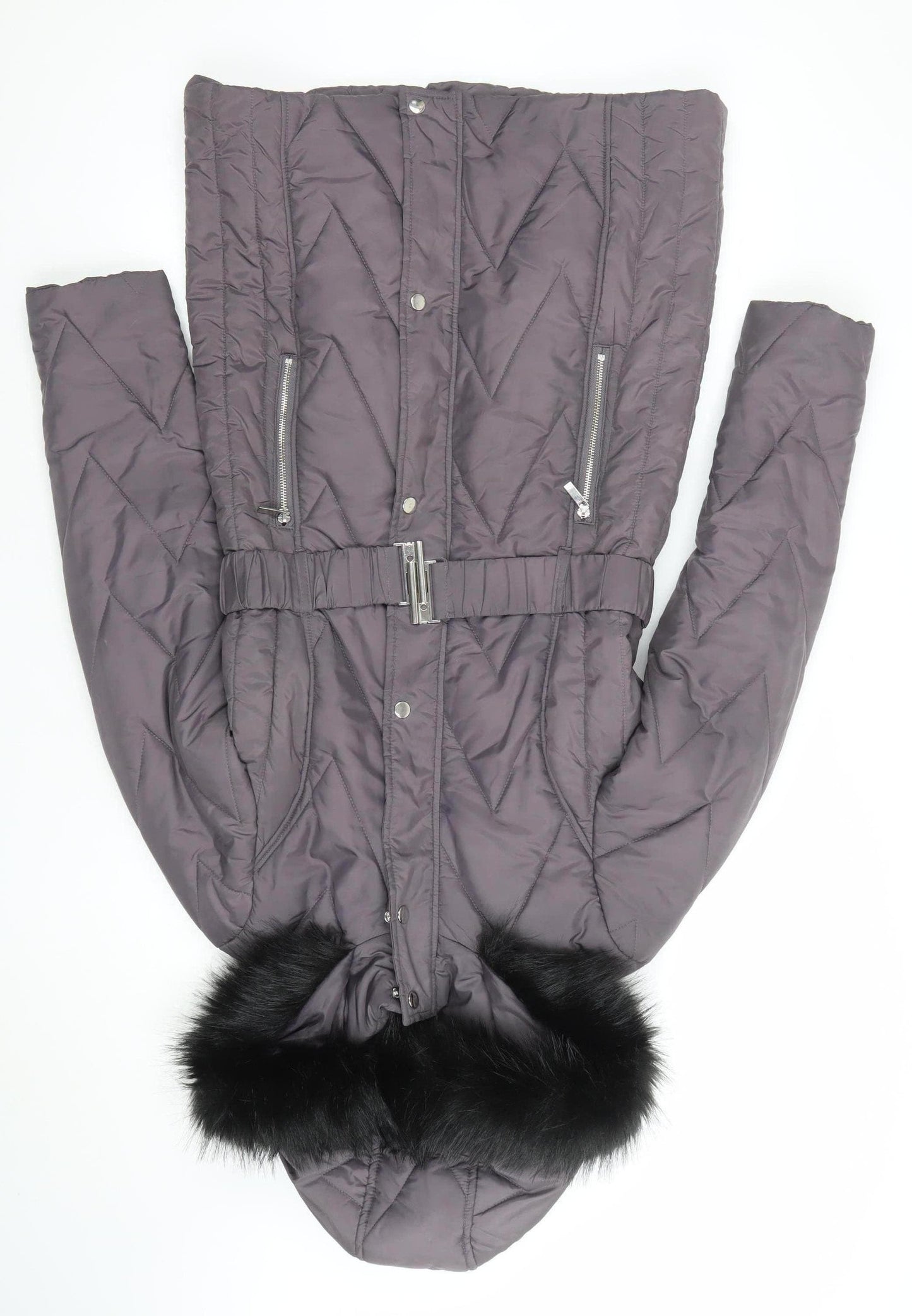 Dorothy Perkins Womens Grey Quilted Puffer Coat Size 8 Belted Hooded Winter Jacket