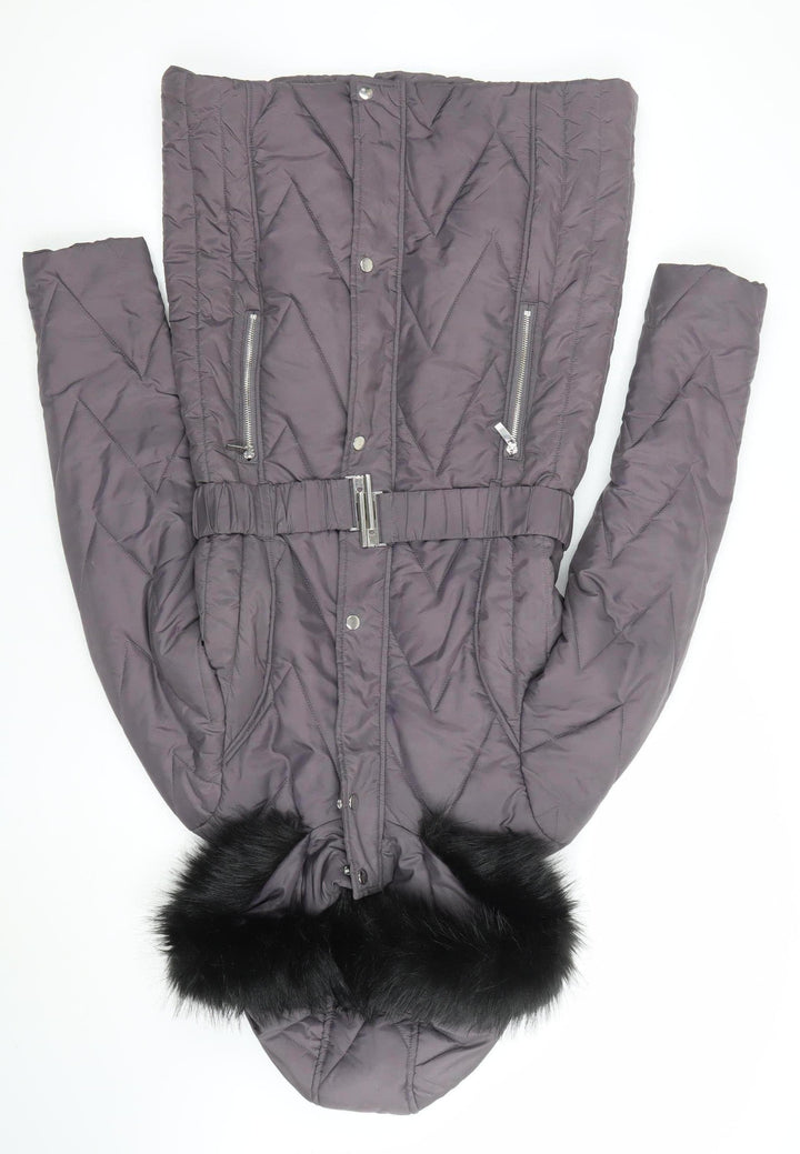 Dorothy Perkins Womens Grey Quilted Puffer Coat Size 8 Belted Hooded Winter Jacket