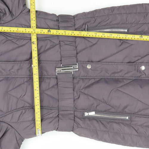 Dorothy Perkins Womens Grey Quilted Puffer Coat Size 8 Belted Hooded Winter Jacket