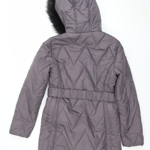 Dorothy Perkins Womens Grey Quilted Puffer Coat Size 8 Belted Hooded Winter Jacket