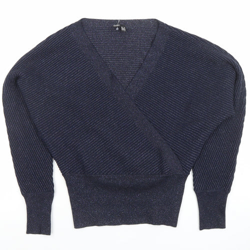 I Label London Women’s Blue V-Neck Dolman Sleeve Glitter Jumper Size 8