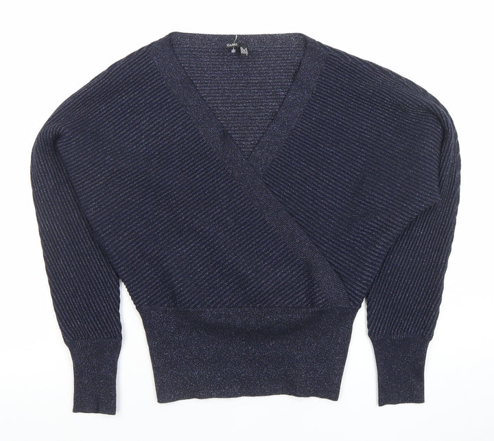 I Label London Women’s Blue V-Neck Dolman Sleeve Glitter Jumper Size 8