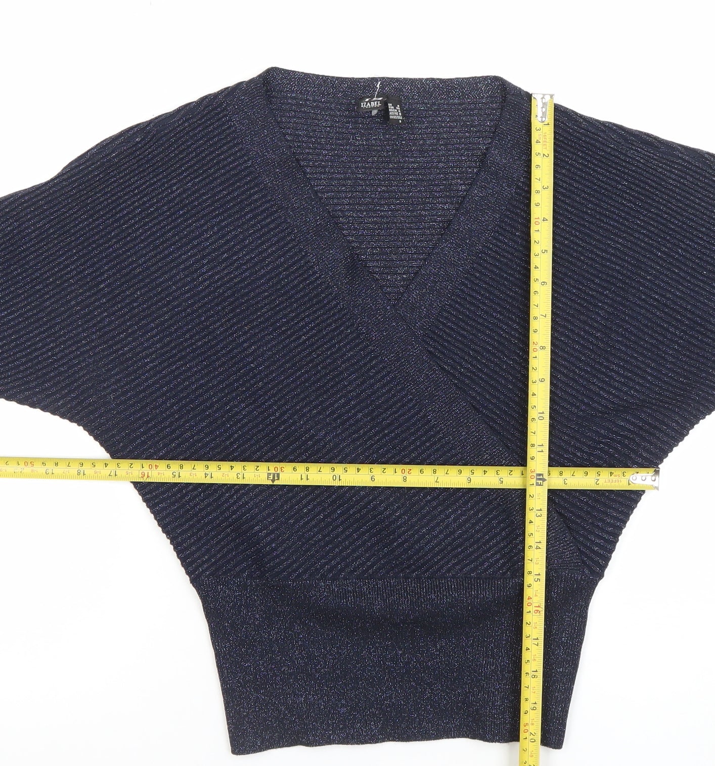 I Label London Women’s Blue V-Neck Dolman Sleeve Glitter Jumper Size 8