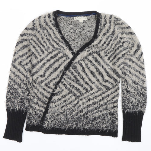 Comma Women Grey Black V-Neck Long Sleeve Chunky Knit Cardigan Size 8