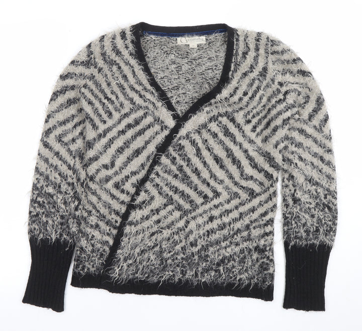 Comma Women Grey Black V-Neck Long Sleeve Chunky Knit Cardigan Size 8