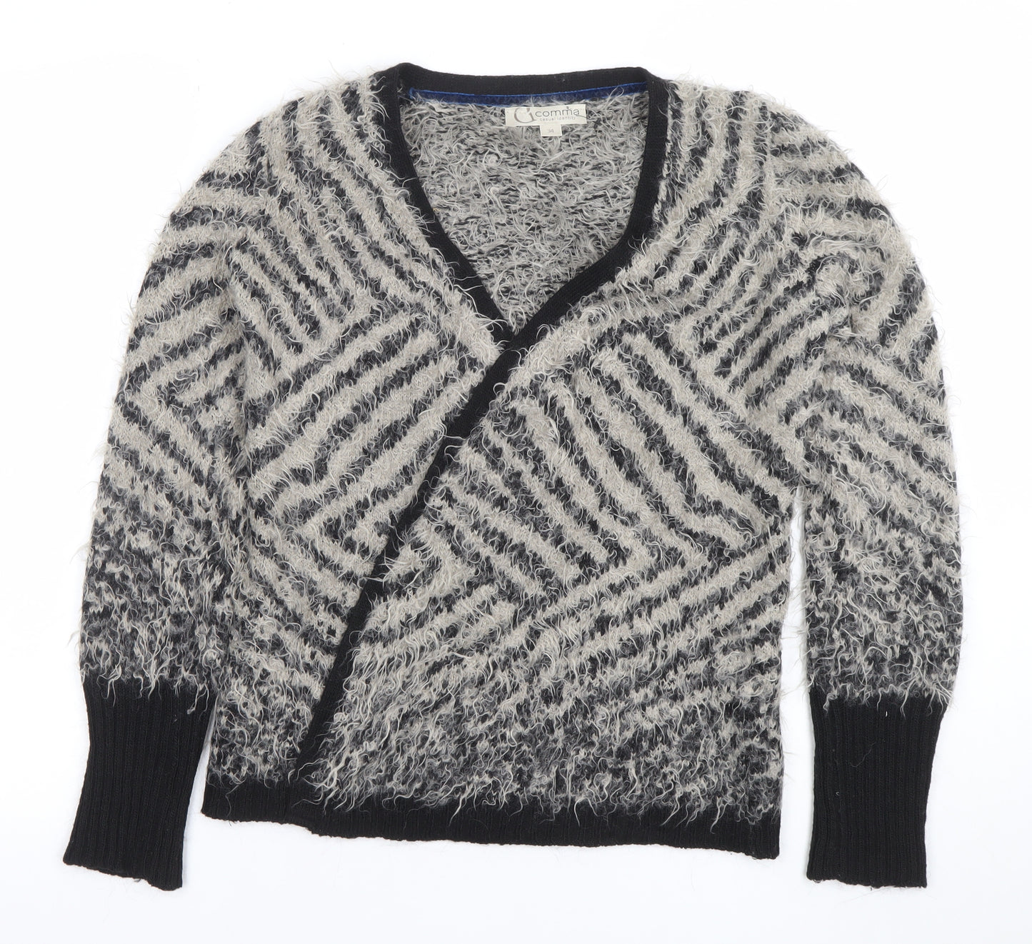 Comma Women Grey Black V-Neck Long Sleeve Chunky Knit Cardigan Size 8