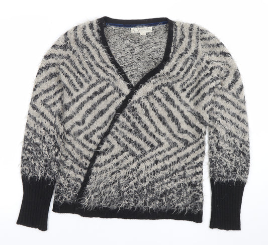 Comma Women Grey Black V-Neck Long Sleeve Chunky Knit Cardigan Size 8