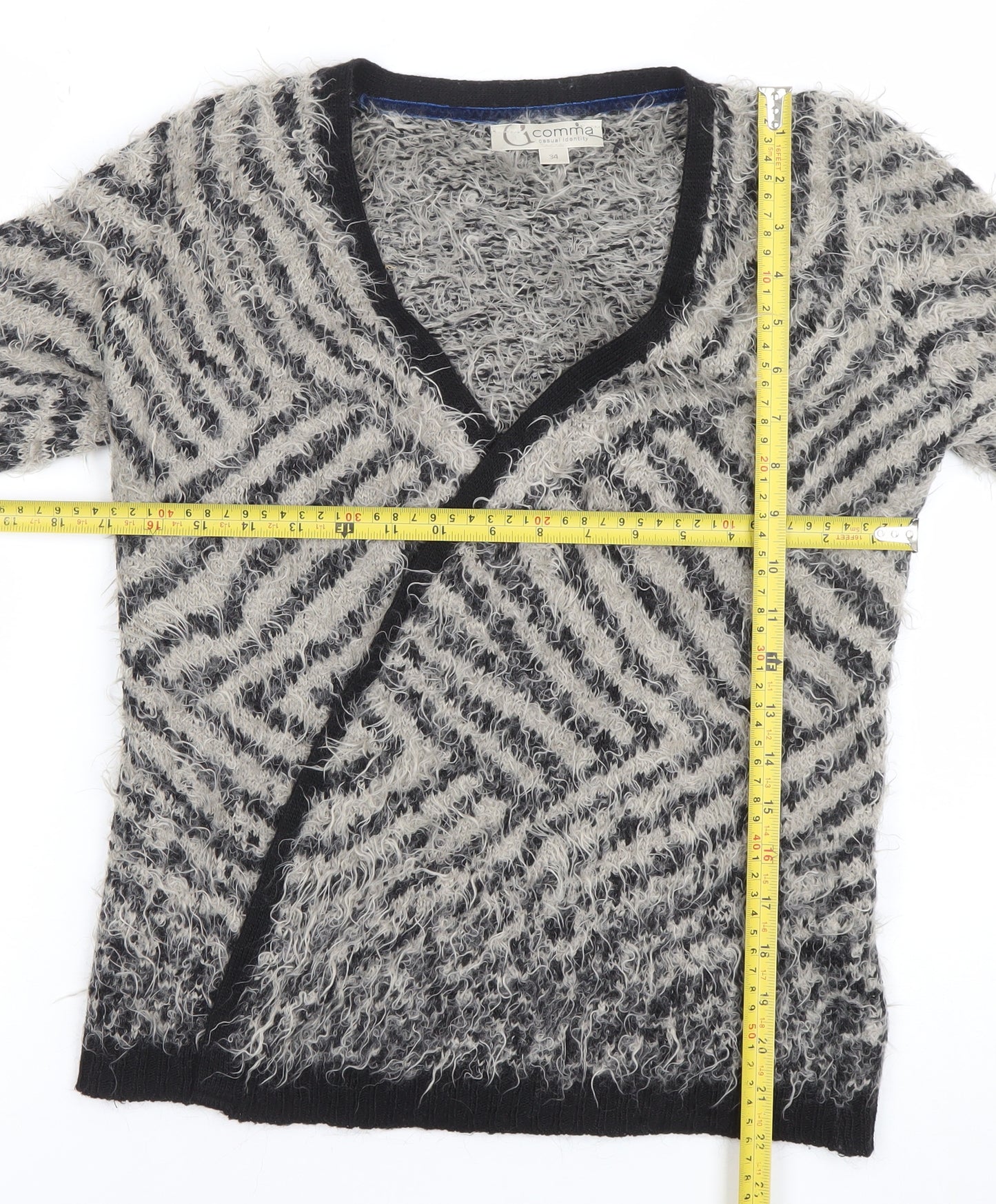 Comma Women Grey Black V-Neck Long Sleeve Chunky Knit Cardigan Size 8