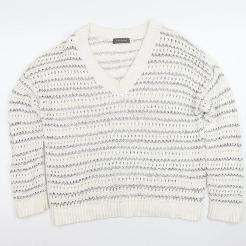 Mint Velvet Womens White Sequin Open-Knit V-Neck Jumper Size M