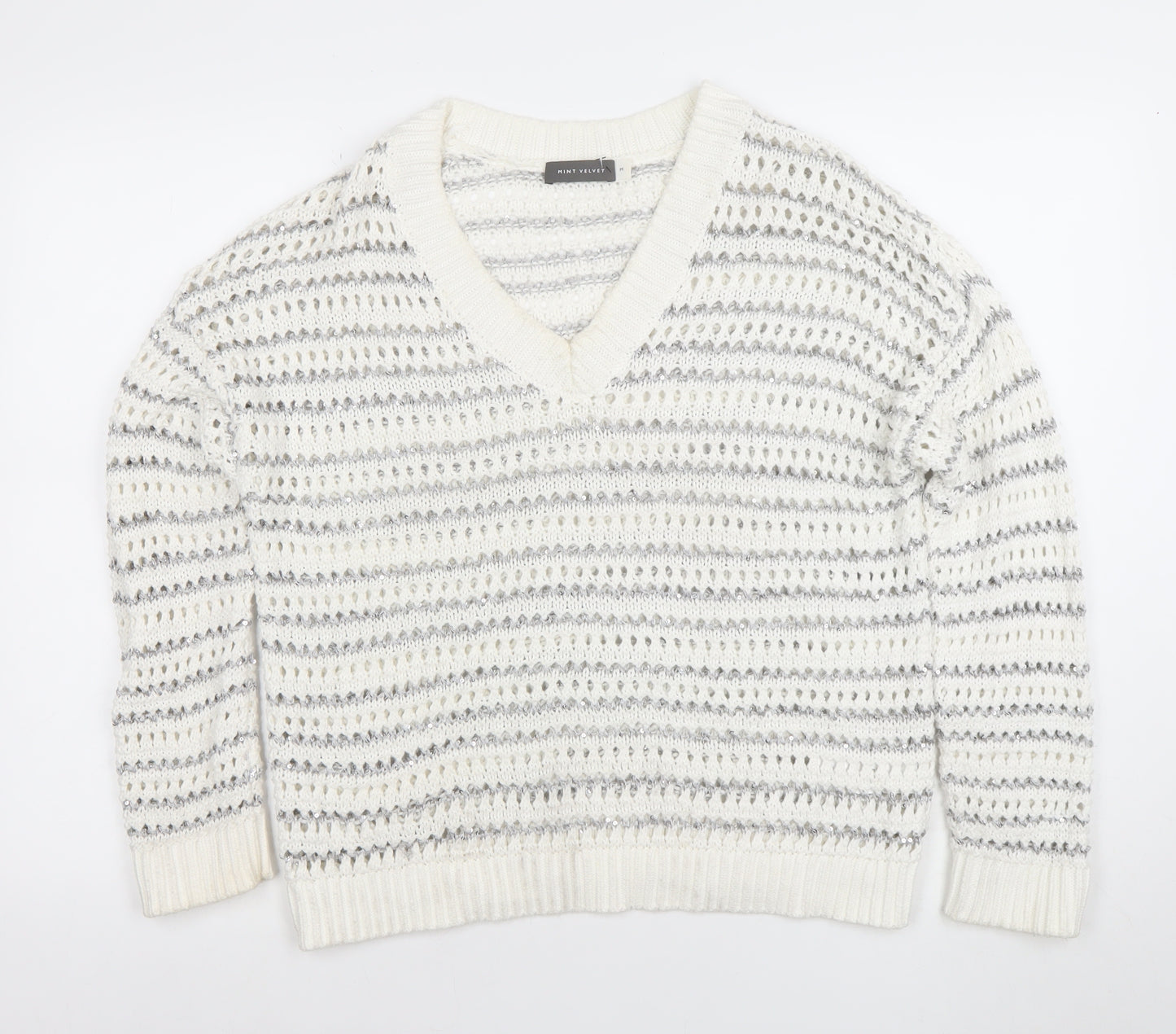 Mint Velvet Womens White Sequin Open-Knit V-Neck Jumper Size M