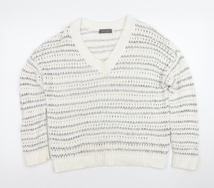 Mint Velvet Womens White Sequin Open-Knit V-Neck Jumper Size M