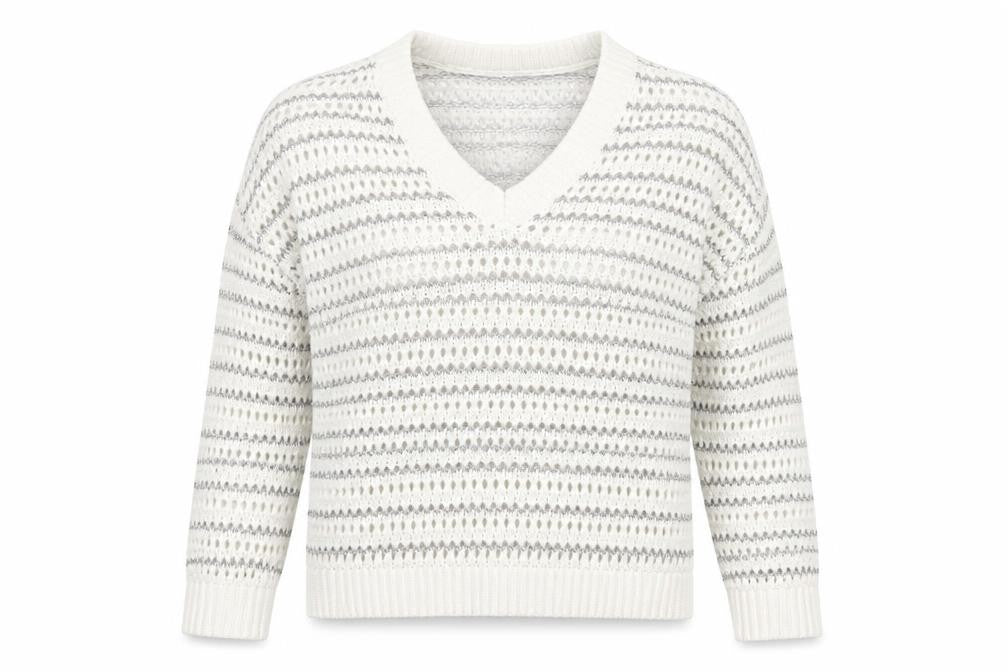 Front view of Mint Velvet women’s white sequin open-knit v-neck jumper, size M