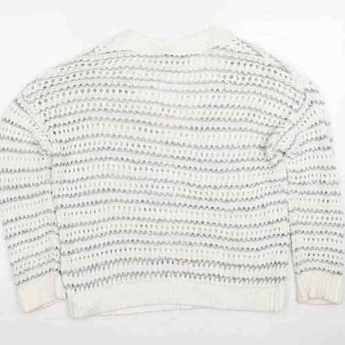 Mint Velvet Womens White Sequin Open-Knit V-Neck Jumper Size M