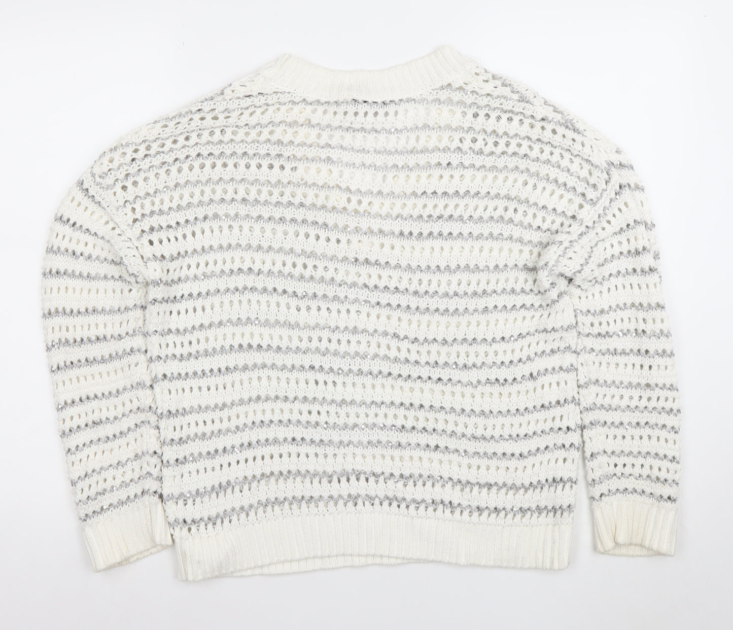 Mint Velvet Womens White Sequin Open-Knit V-Neck Jumper Size M