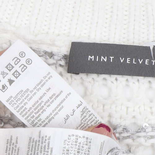 Mint Velvet Womens White Sequin Open-Knit V-Neck Jumper Size M