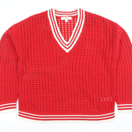Marks and Spencer Women Red V-Neck Open-Knit Cotton Jumper M