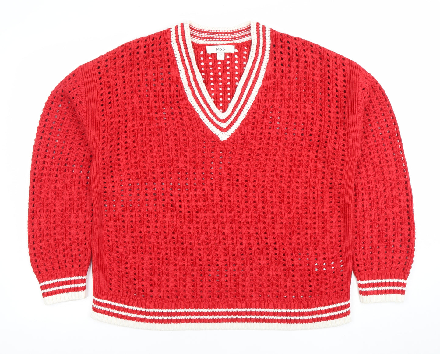 Marks and Spencer Women Red V-Neck Open-Knit Cotton Jumper M