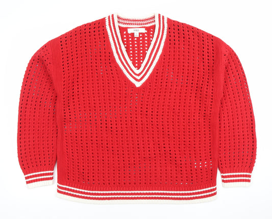 Marks and Spencer Women Red V-Neck Open-Knit Cotton Jumper M