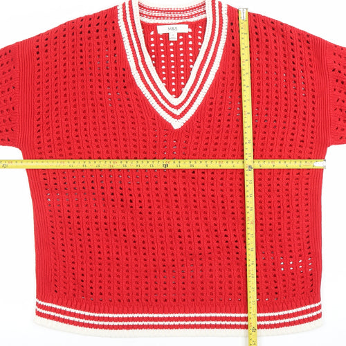 Marks and Spencer Women Red V-Neck Open-Knit Cotton Jumper M
