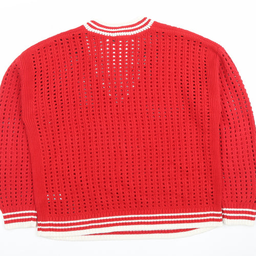 Marks and Spencer Women Red V-Neck Open-Knit Cotton Jumper M