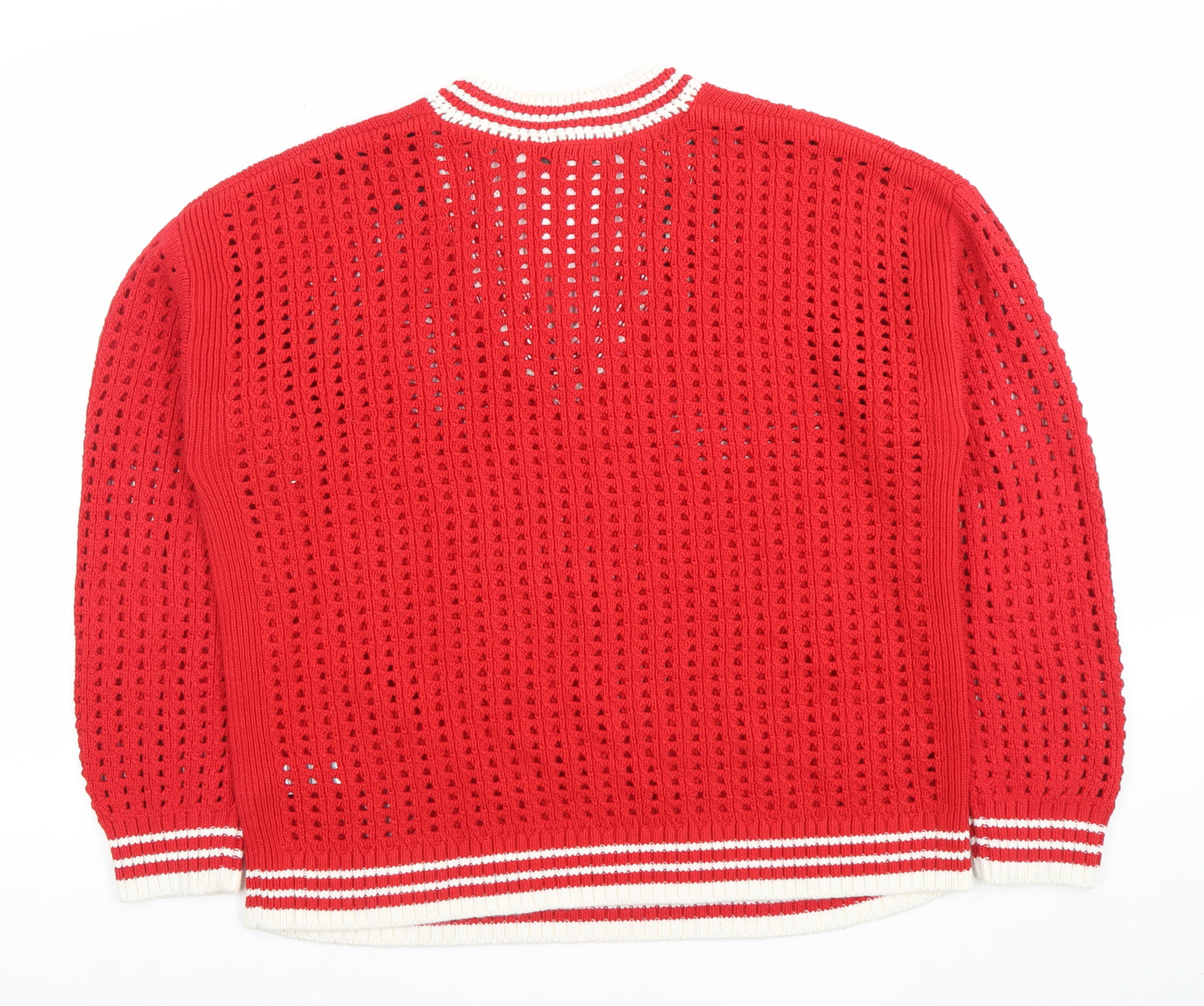 Marks and Spencer Women Red V-Neck Open-Knit Cotton Jumper M