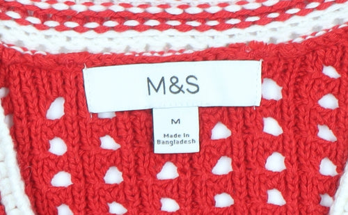 Marks and Spencer Women Red V-Neck Open-Knit Cotton Jumper M