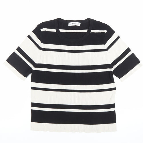 Zara Women Black White Striped Knit Short Sleeve T-Shirt L