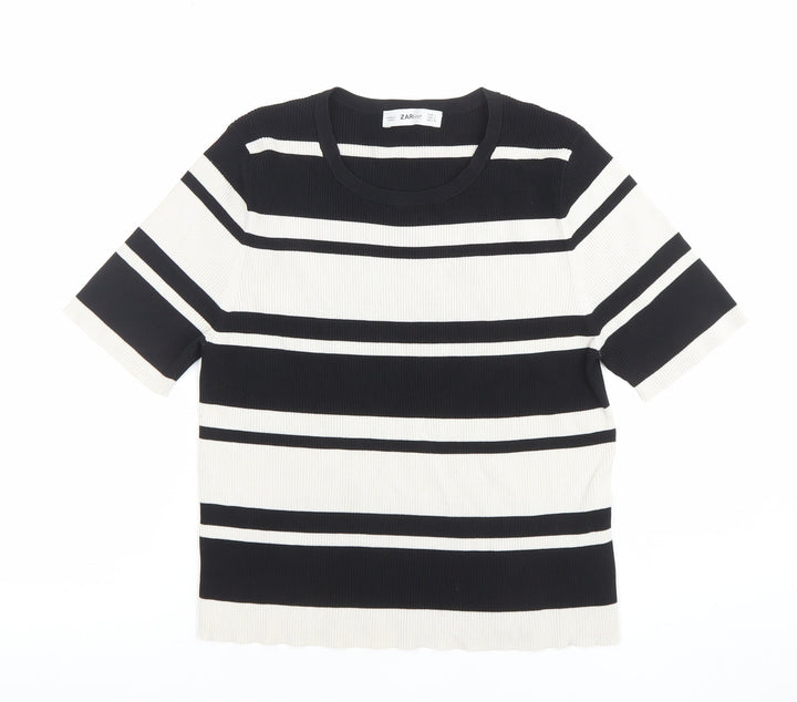 Zara Women Black White Striped Knit Short Sleeve T-Shirt L