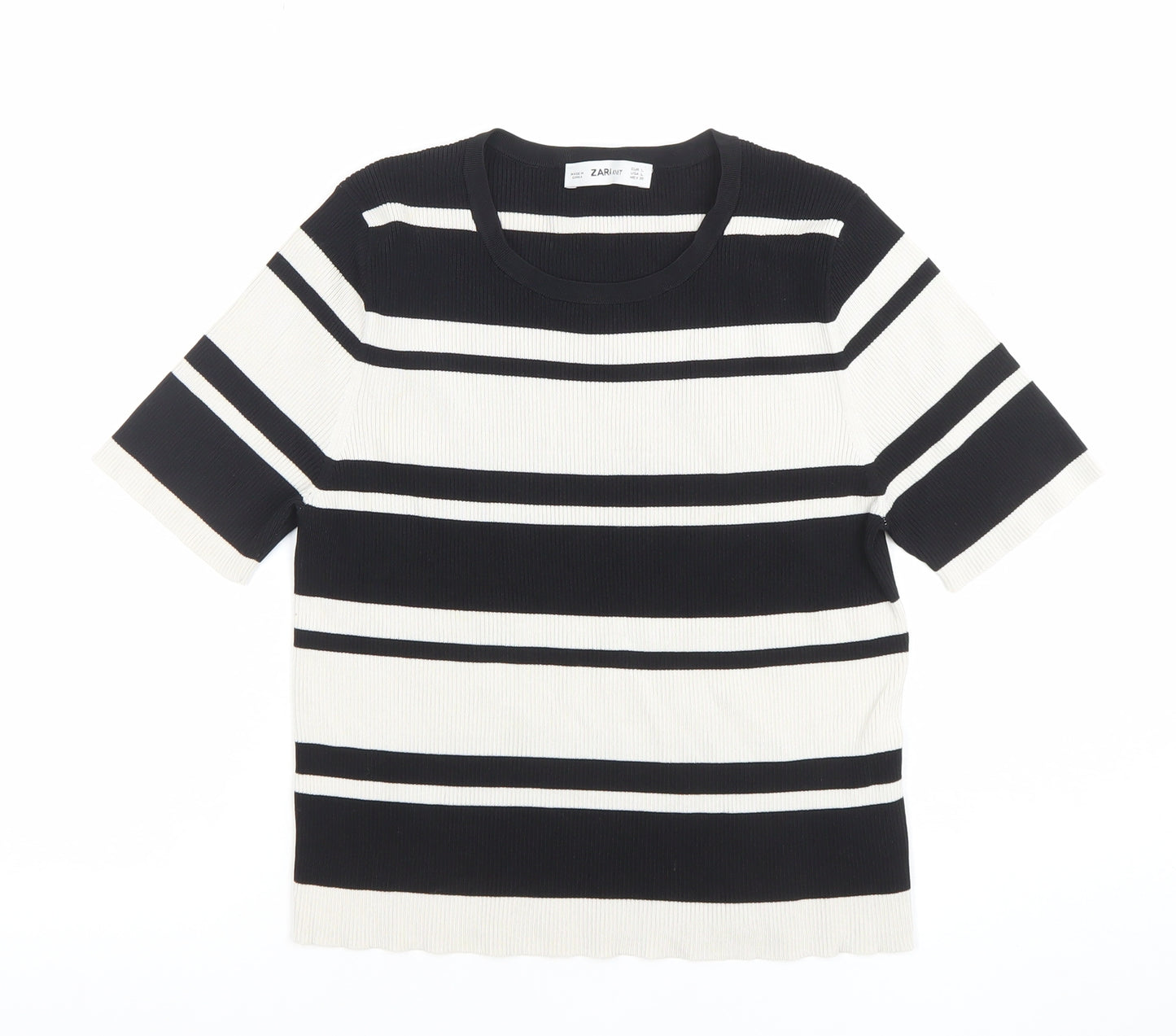 Zara Women Black White Striped Knit Short Sleeve T-Shirt L