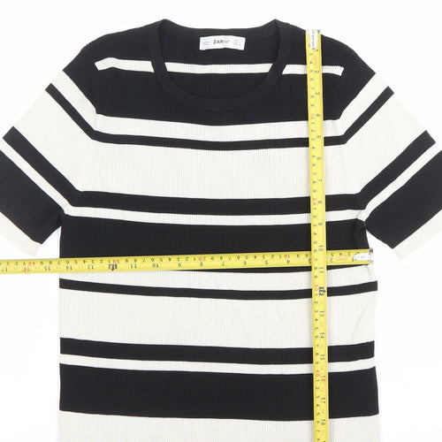 Zara Women Black White Striped Knit Short Sleeve T-Shirt L