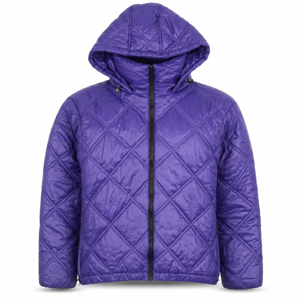 Front view of Kenneth Cole Women's Purple Quilted Hooded Puffer Jacket, size M
